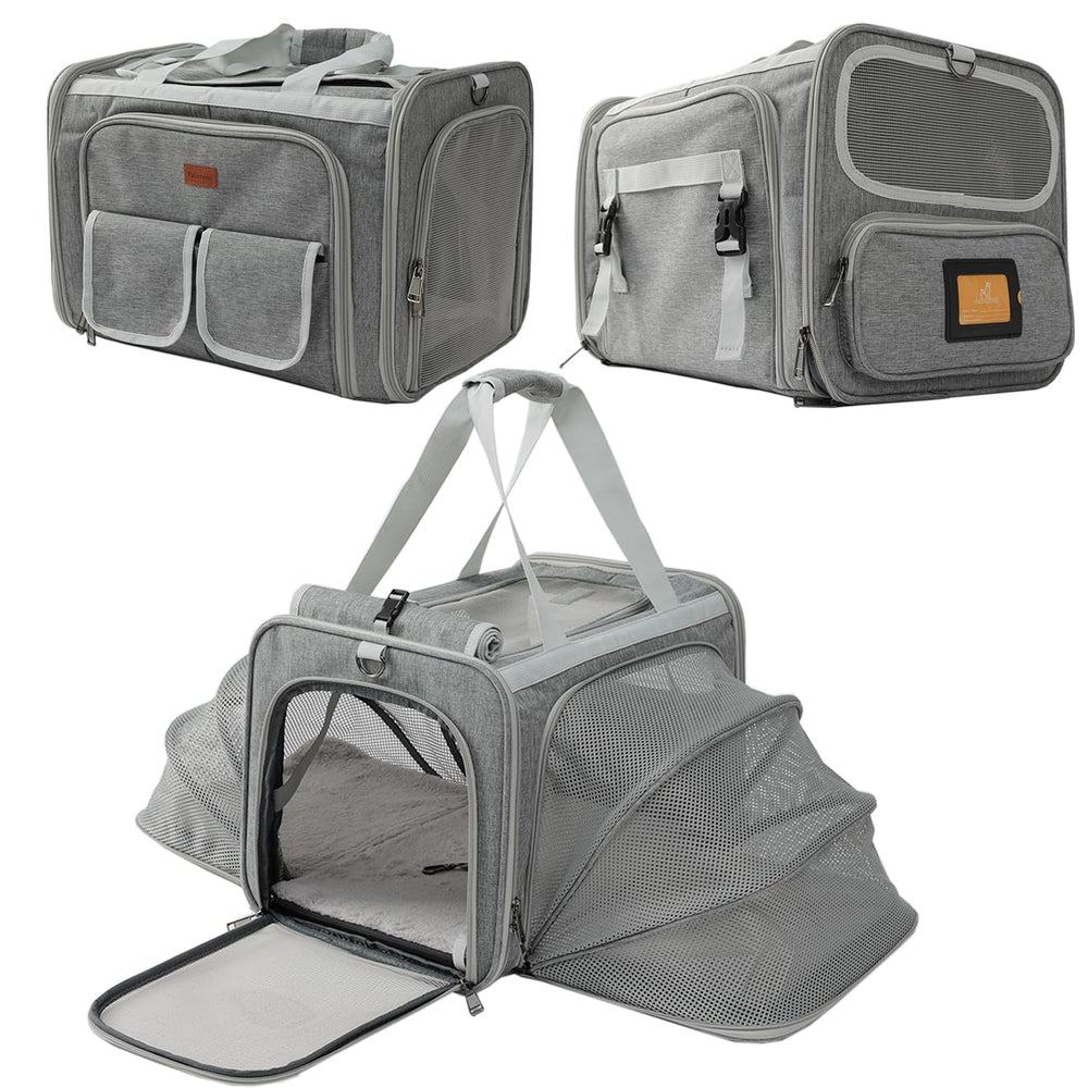 PATAZONE dog carrier front view with expandable sides for travel.