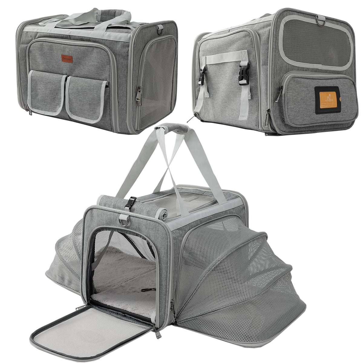 PATAZONE dog carrier front view with expandable sides for travel.