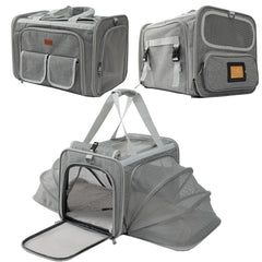 PATAZONE dog carrier front view with expandable sides for travel.