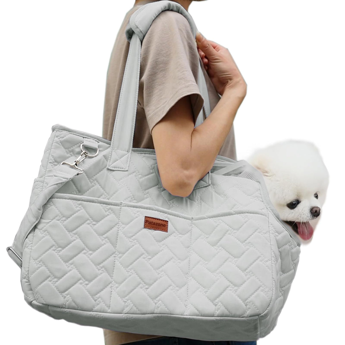 Patazone pet carrier bag grey front view highlighting style and portability for hands-free outings.