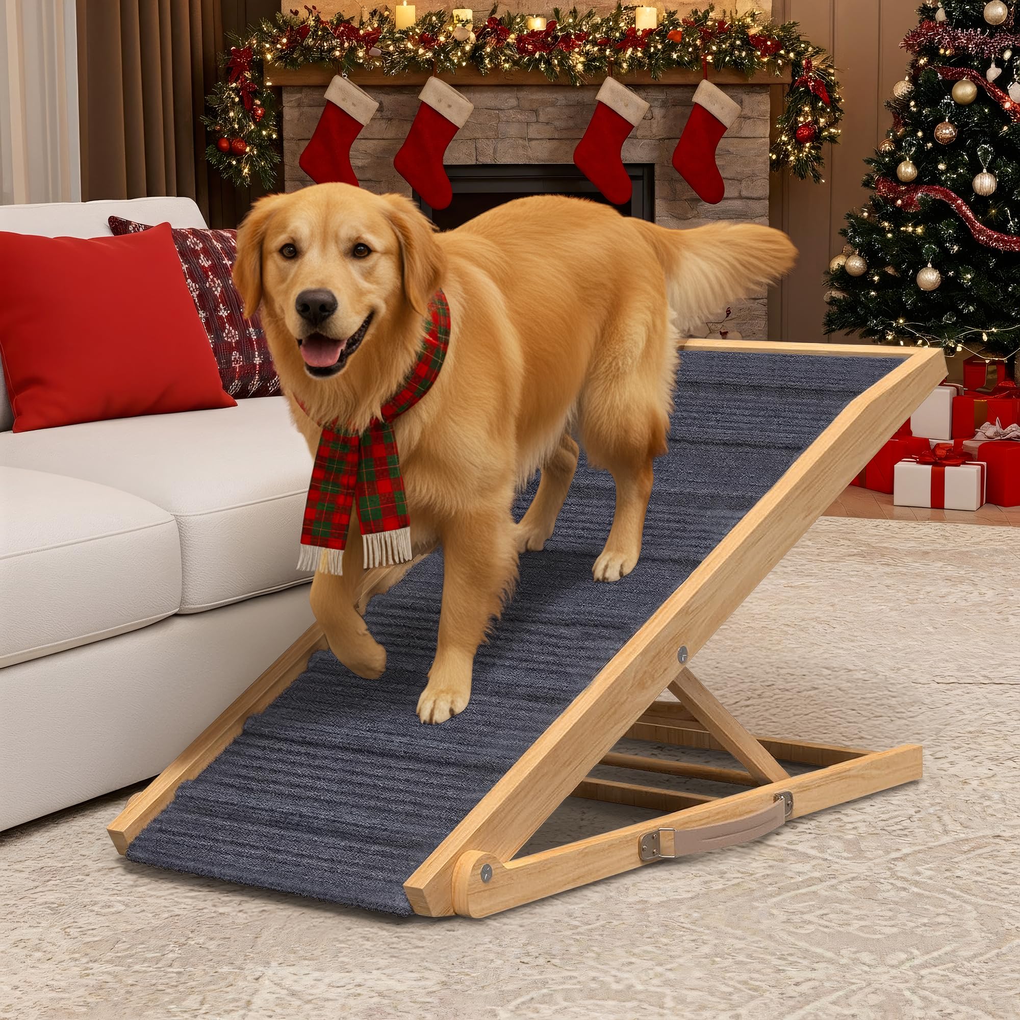 PATHOSIO PETS adjustable dog ramp on bed, enabling easy access and independence.