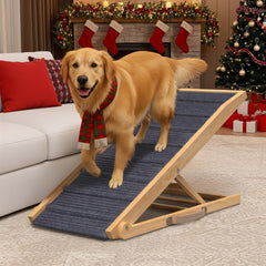 PATHOSIO PETS adjustable dog ramp on bed, enabling easy access and independence.