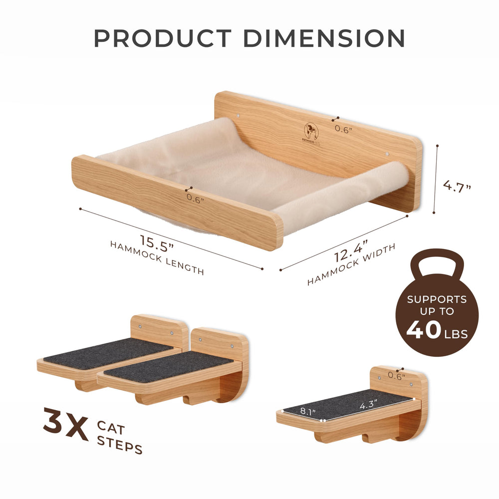 PATHOSIO PETS cat wall shelves with faux linen hammock for breathable lounging.