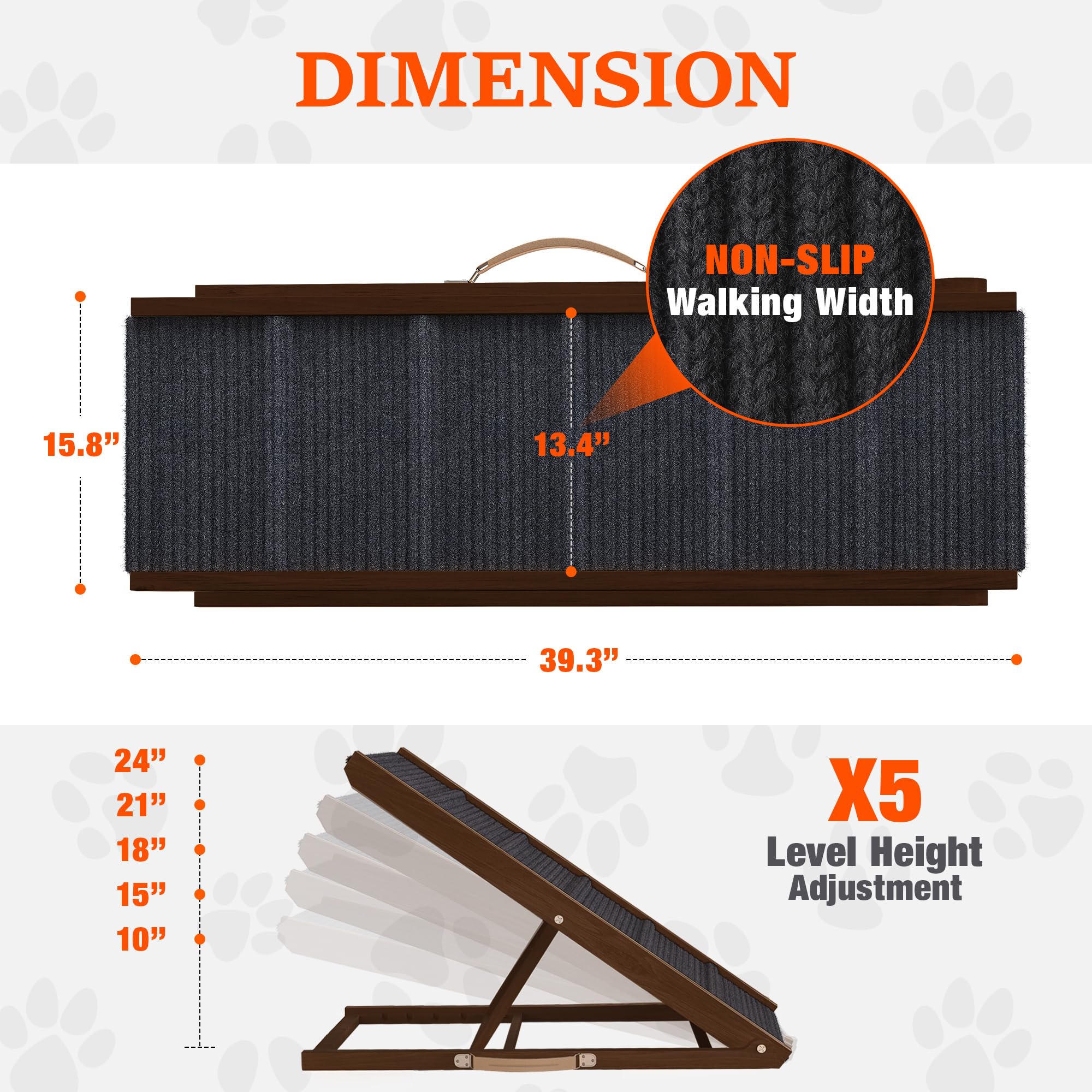 Pathosio Pets dog ramp wide walking surface emphasizes stable, comfortable step for pets.