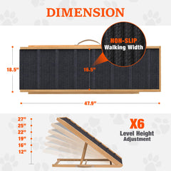 PATHOSIO PETS foldable wooden ramp beside couch for space-saving storage.