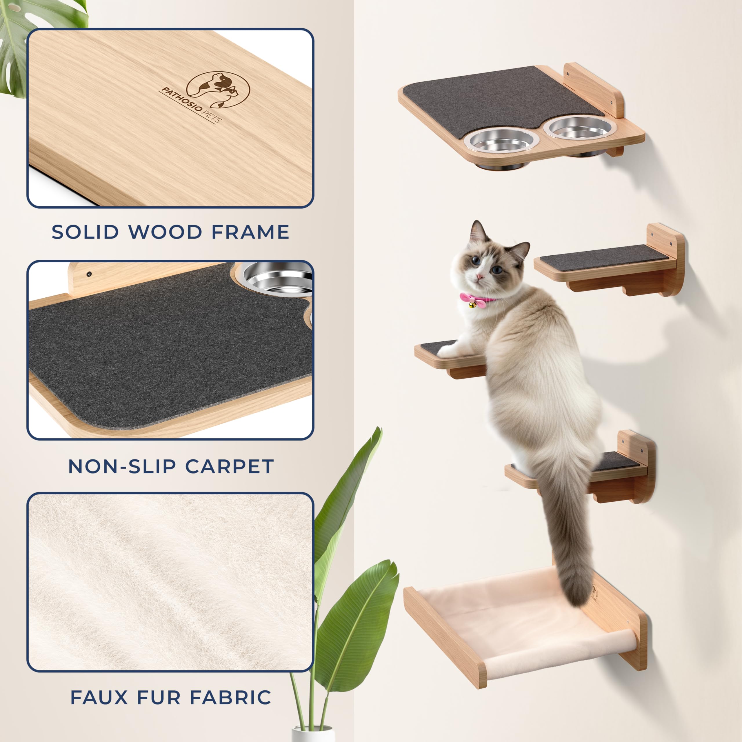 PATHOSIO PETS solid natural pine wood shelves showcase durable construction.