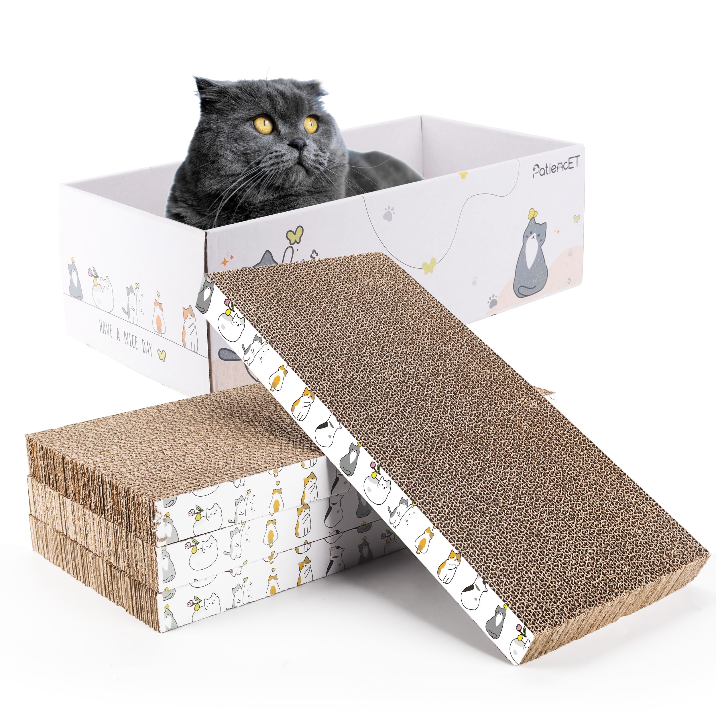 PatiencET cat scratch pad box front view highlights sturdy construction for indoor cats