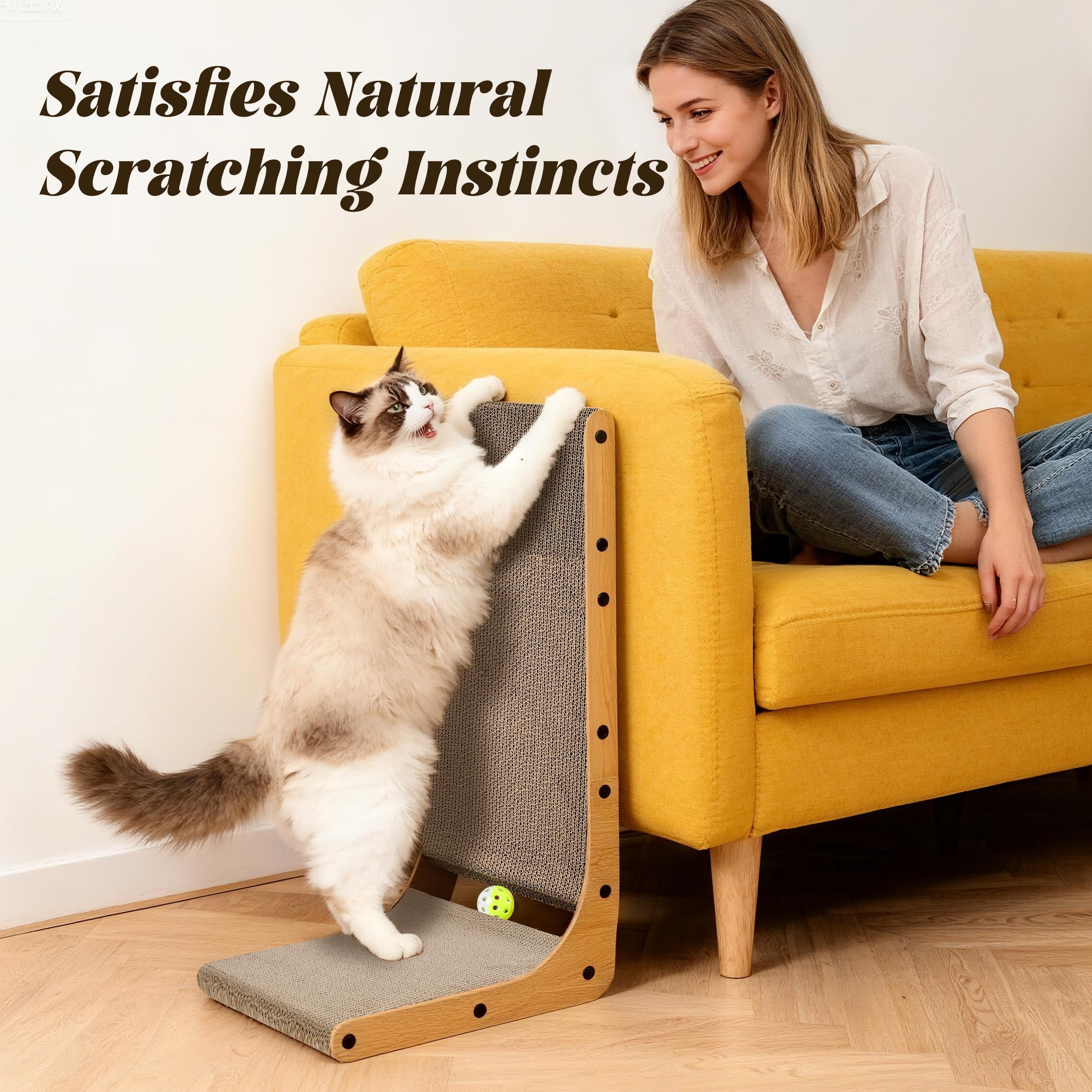 PatiencET cat scratcher fits in living rooms, protecting furniture corners.