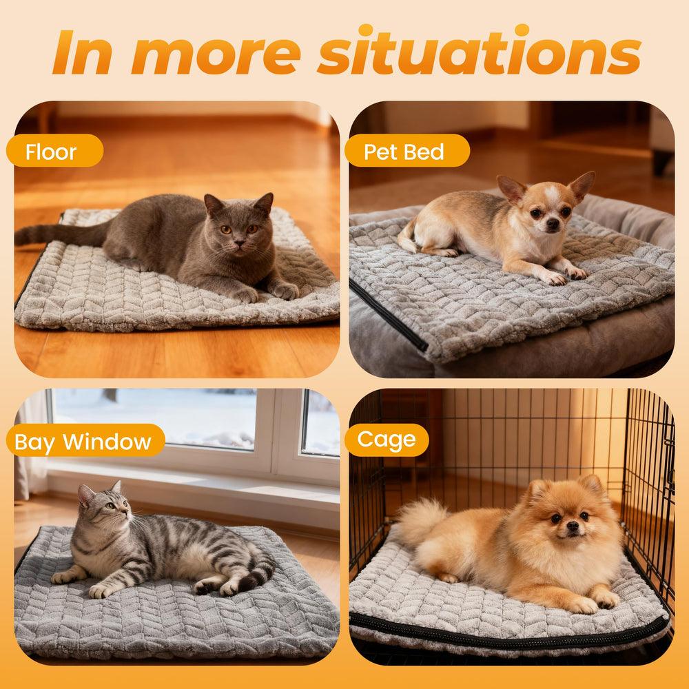 PatiencET heated cat pad in crate and sofa setup creates cozy corners.