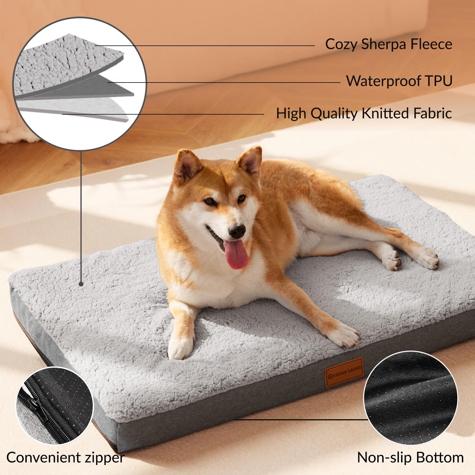 Patas Lague orthopedic dog bed anti-slip bottom ensures stable rest for large dogs.