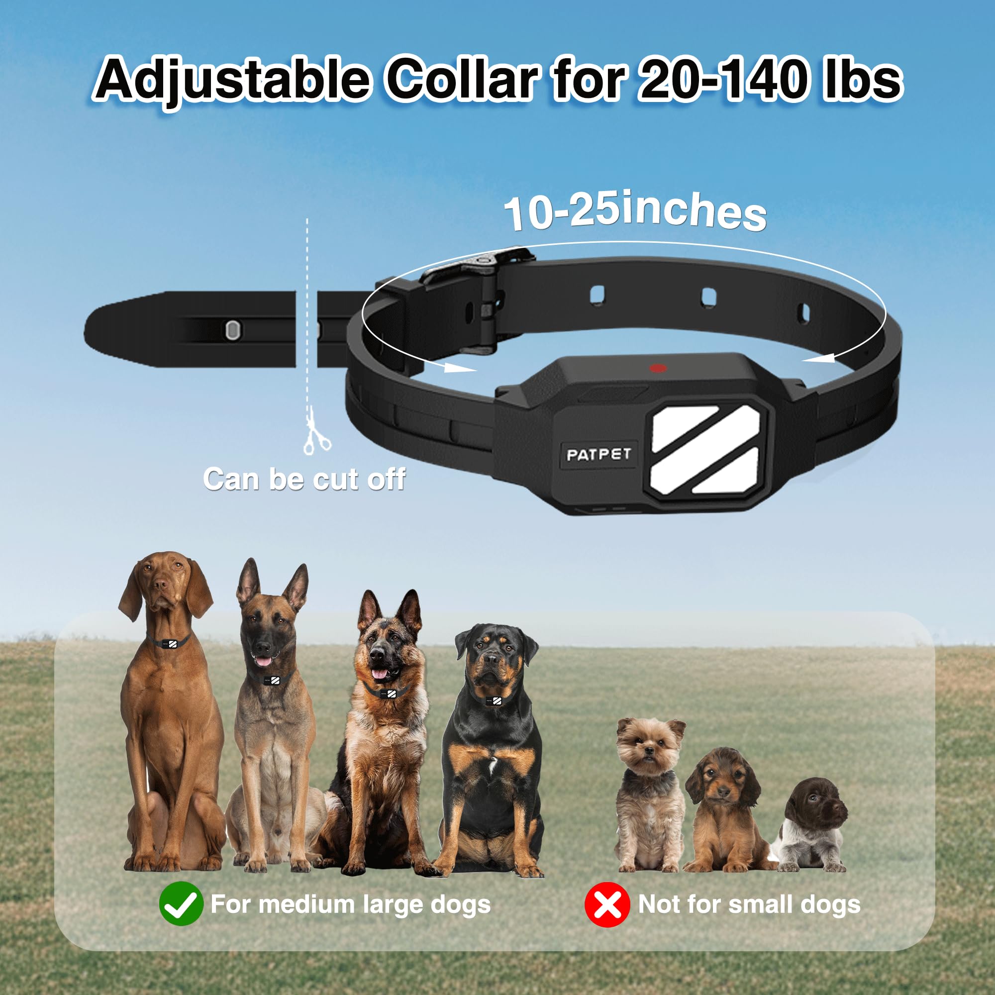 PATPET adjustable collar fits dogs 20–140 lbs with comfortable neck sizing