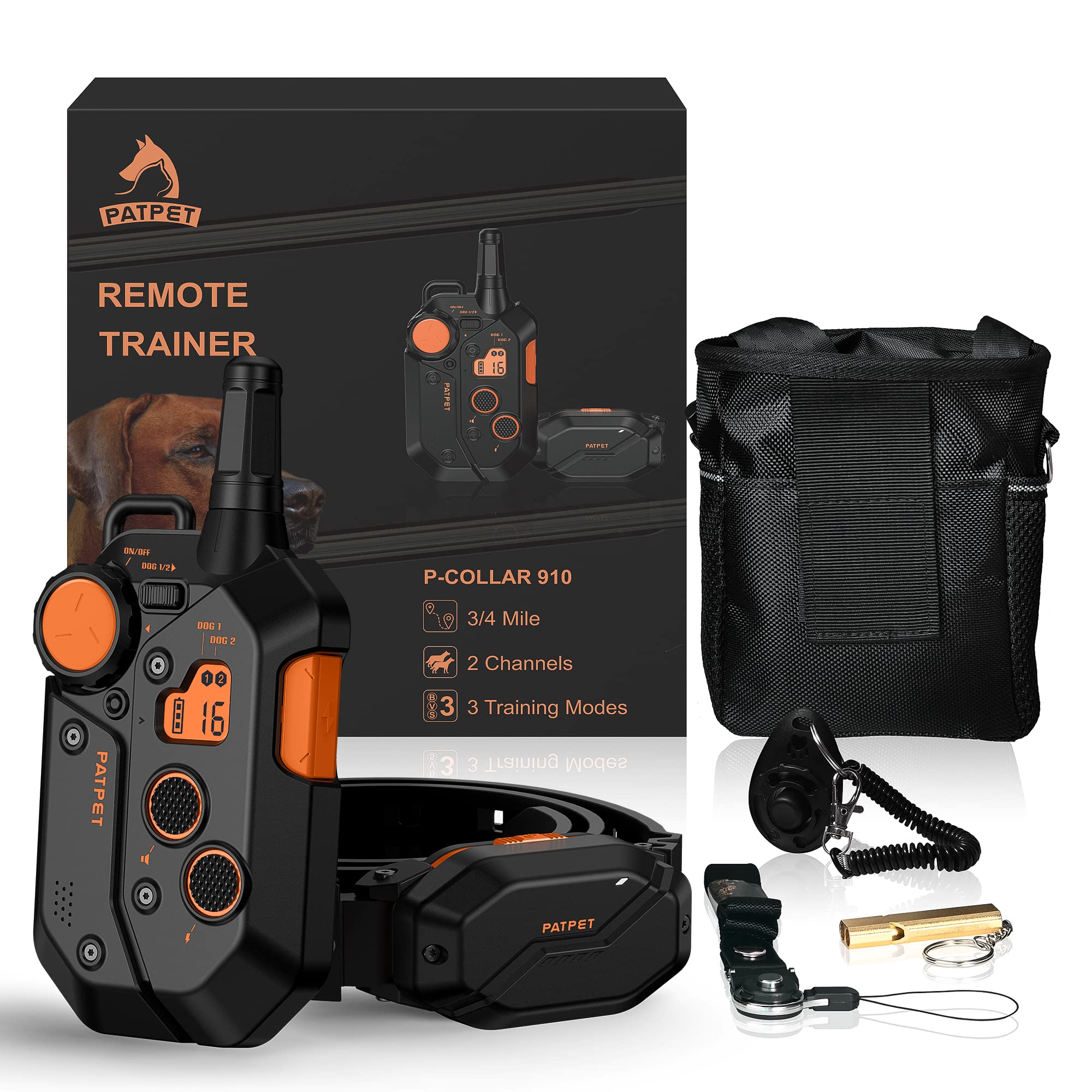 PATPET dog shock collar remote shows 0.75-mile outdoor training range.