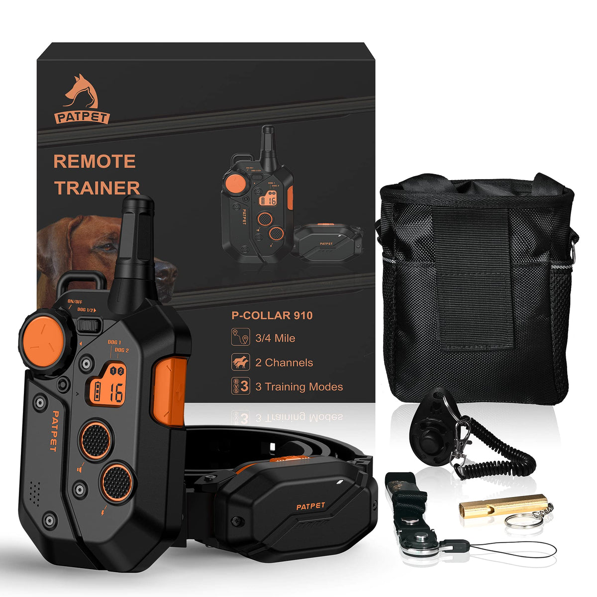 PATPET dog shock collar remote shows 0.75-mile outdoor training range.