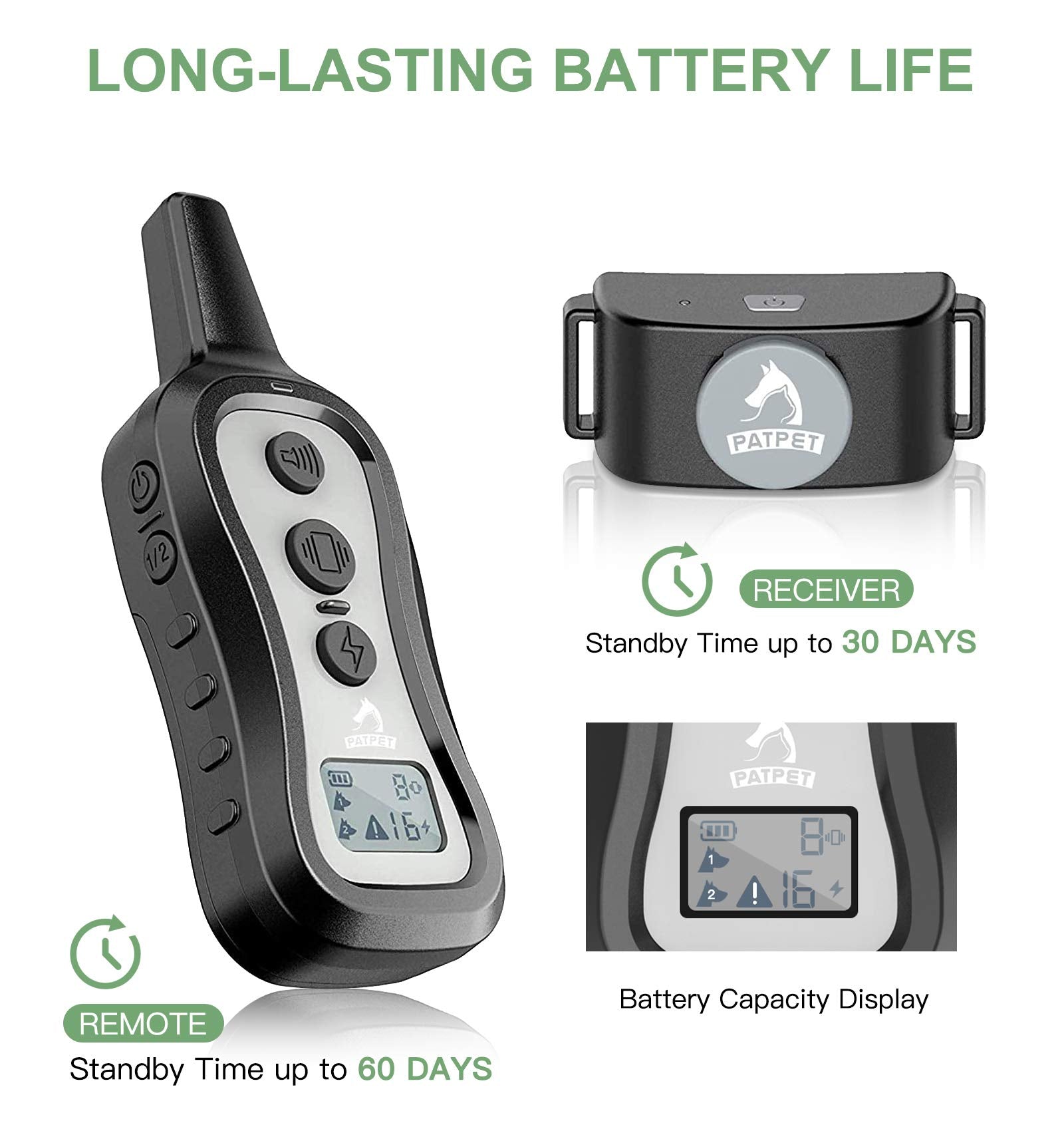 PATPET remote offers up to 1000 ft range for outdoor training sessions.