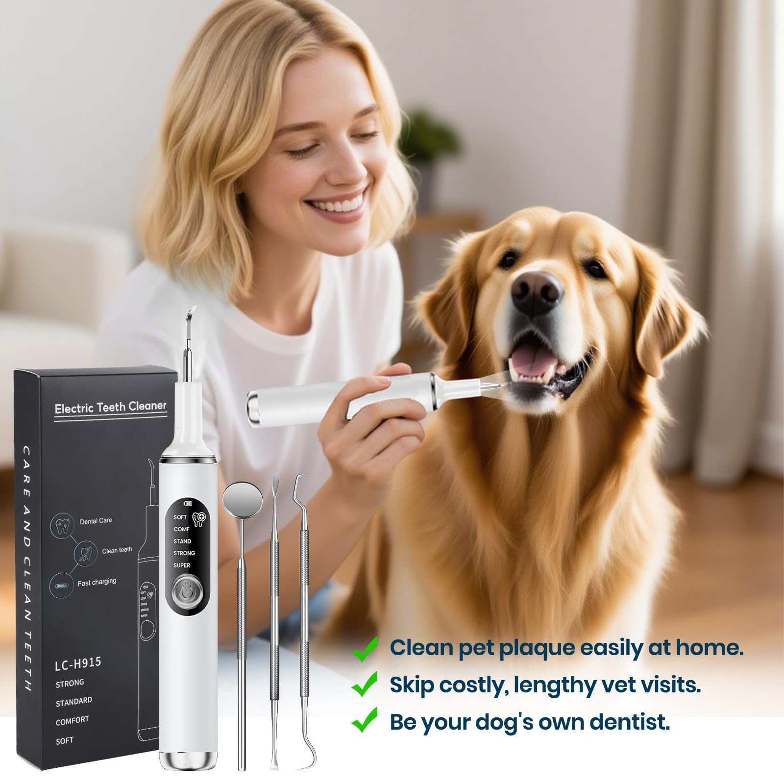 PATWING dog plaque remover in-use photo captures a calm at-home dental session.