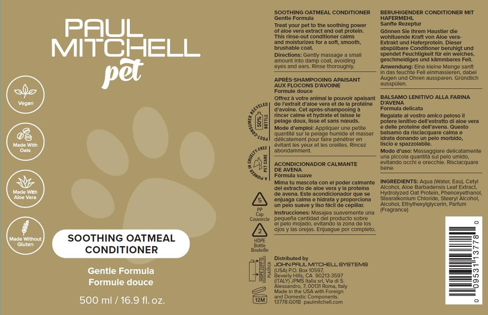 Paul Mitchell Pet Soothing Oatmeal Conditioner product close-up highlighting aromatic almond fragrance for bath time.