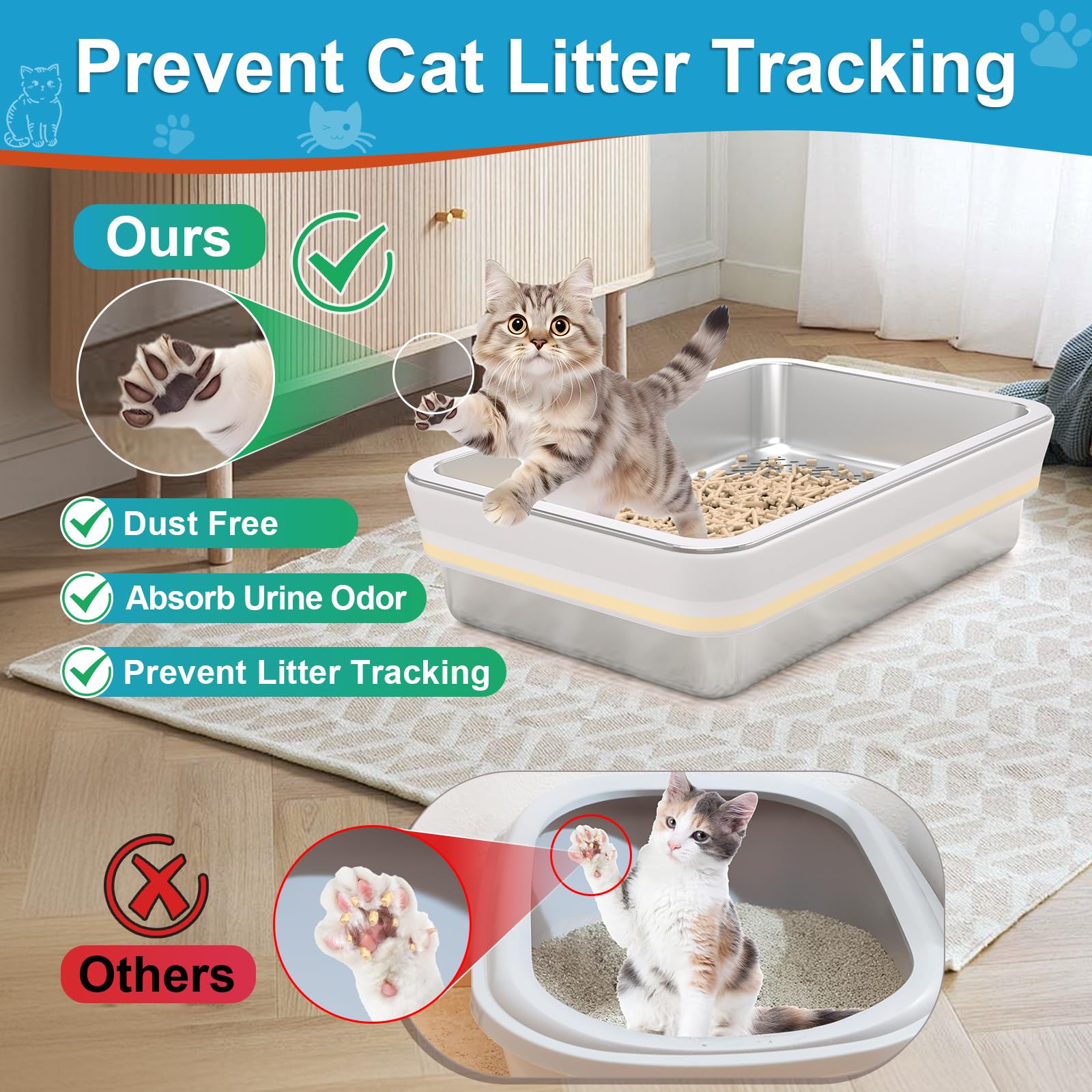 Paulmele litter box minimizes tracking with pine pellets for cleaner floors