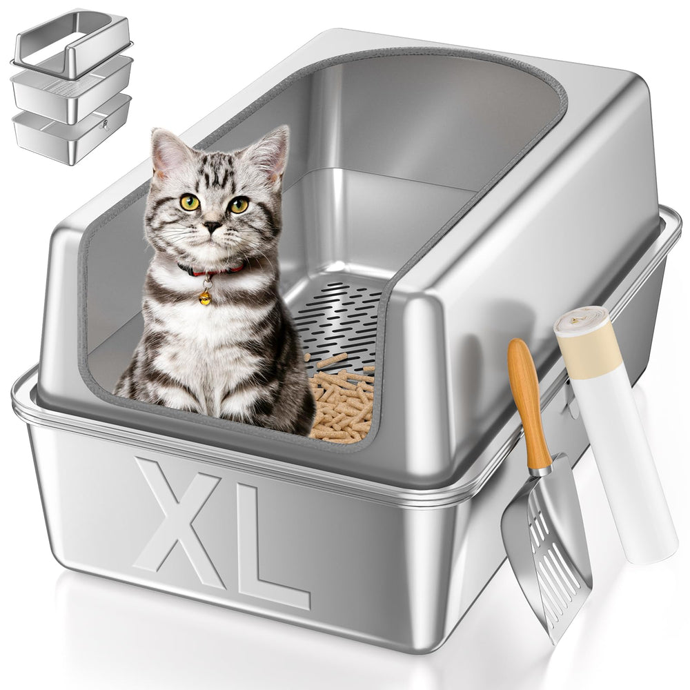 Paulmele XL stainless steel litter box with lid for durable, easy cleaning.