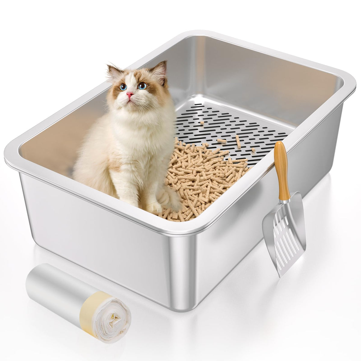 Paulmele XL stainless steel sifting litter box shows durable construction for easy cleaning