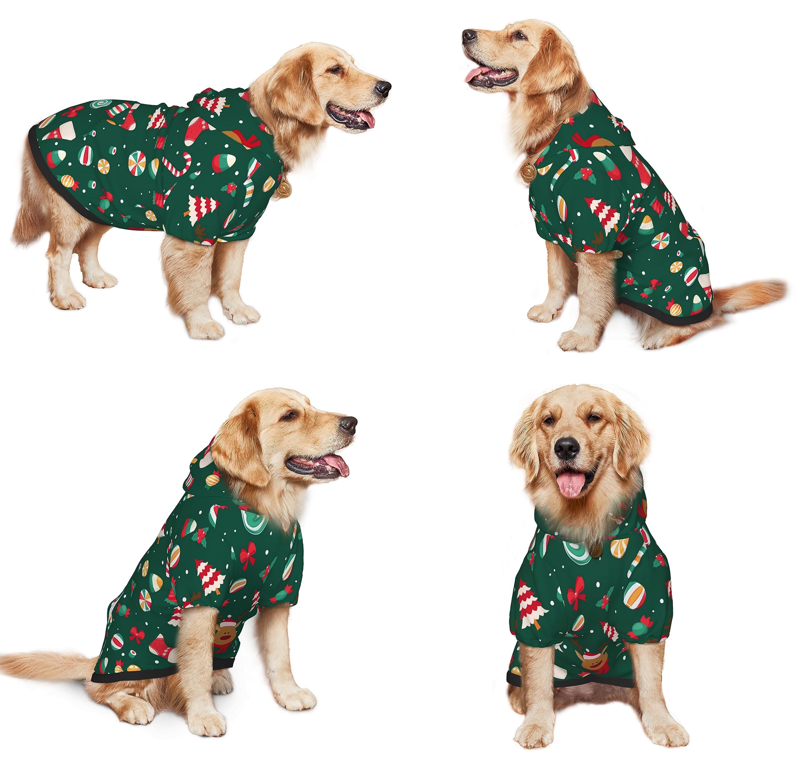 PAUSEBOLL Pets Christmas Deer Tree Hoodie side view highlights secure fit for walks.