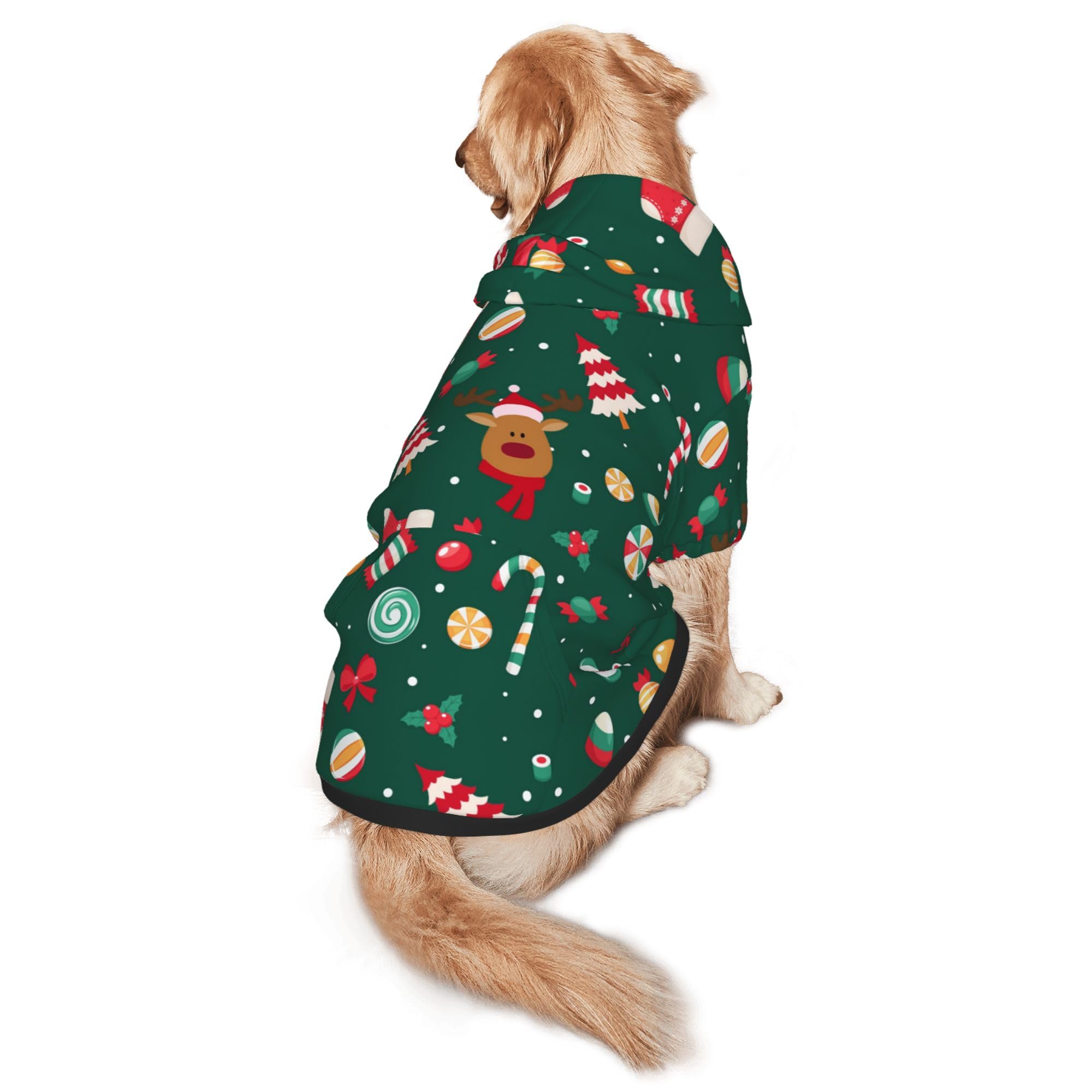 PAUSEBOLL Pets Christmas Deer Tree Hoodie size chart image indicates five roomy options.