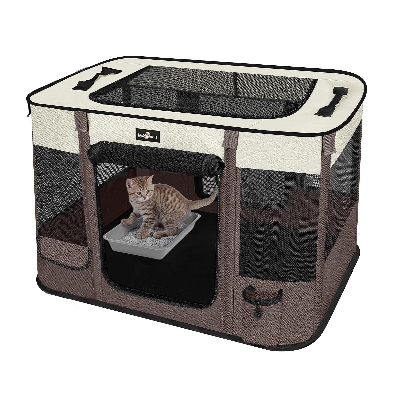 PAW BALLET foldable pet playpen front view shows roomy interior for cats and small dogs' comfort.