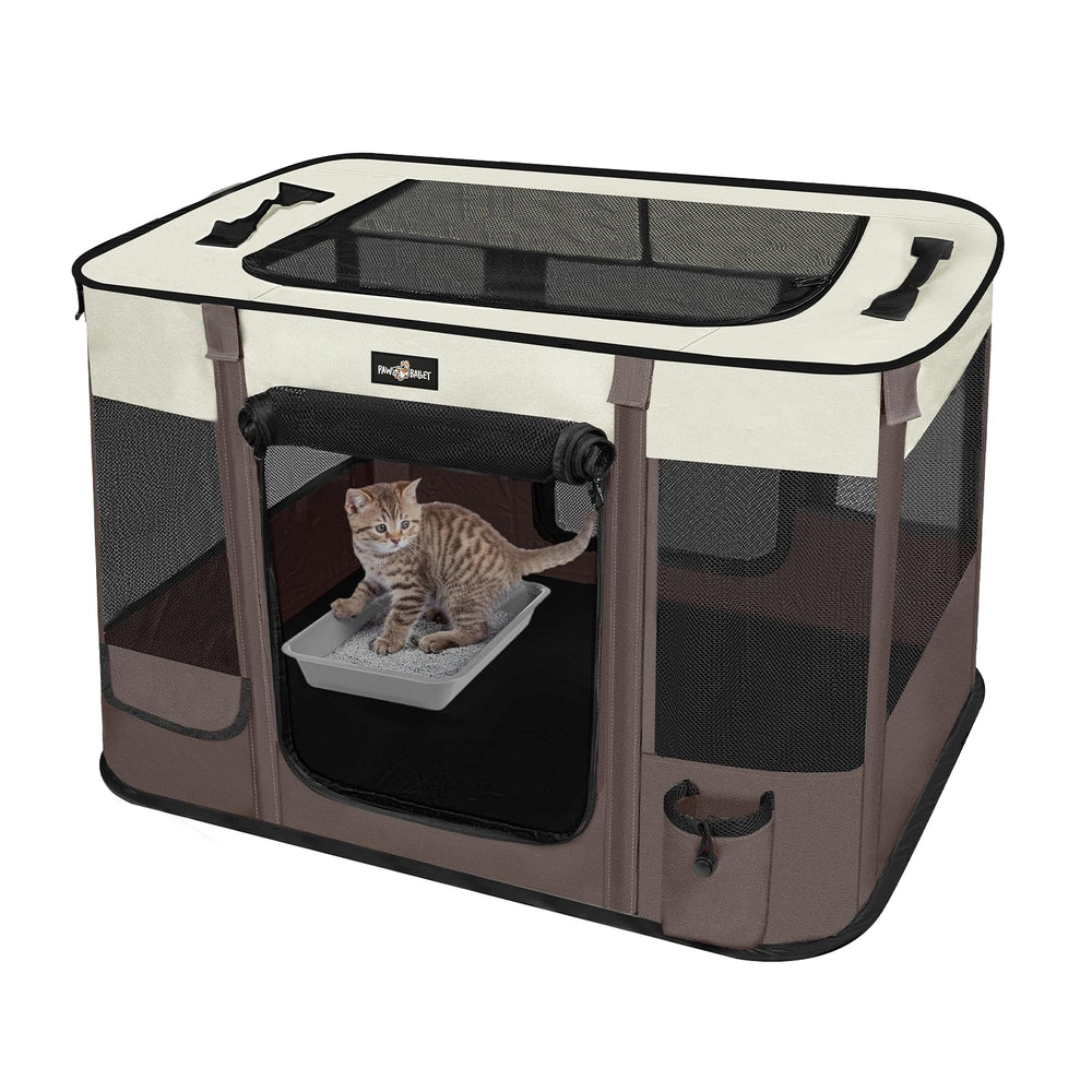 PAW BALLET foldable pet playpen front view shows roomy interior for cats and small dogs' comfort.