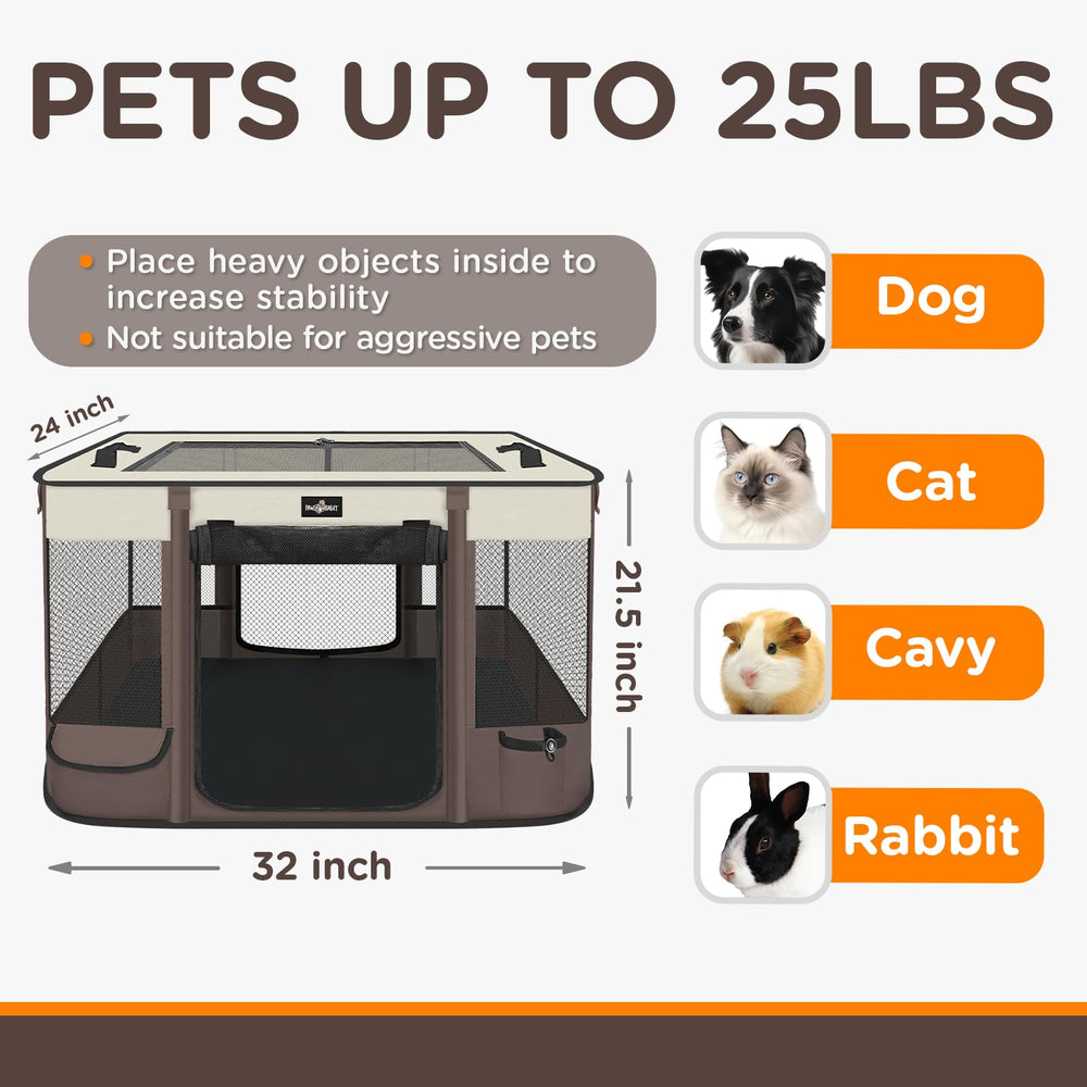 PAW BALLET foldable pet playpen side pocket holds small pet accessories nearby.
