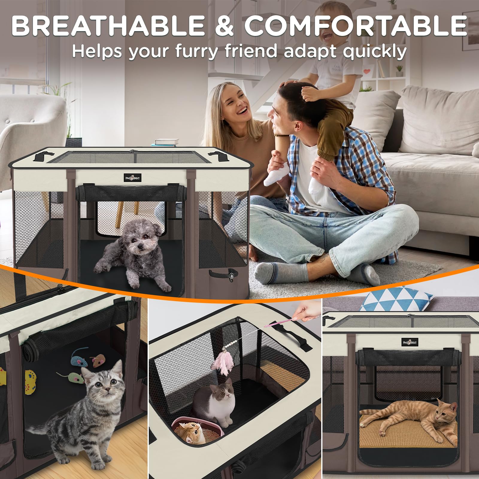 PAW BALLET foldable pet playpen waterproof bottom enables simple spill cleanup.