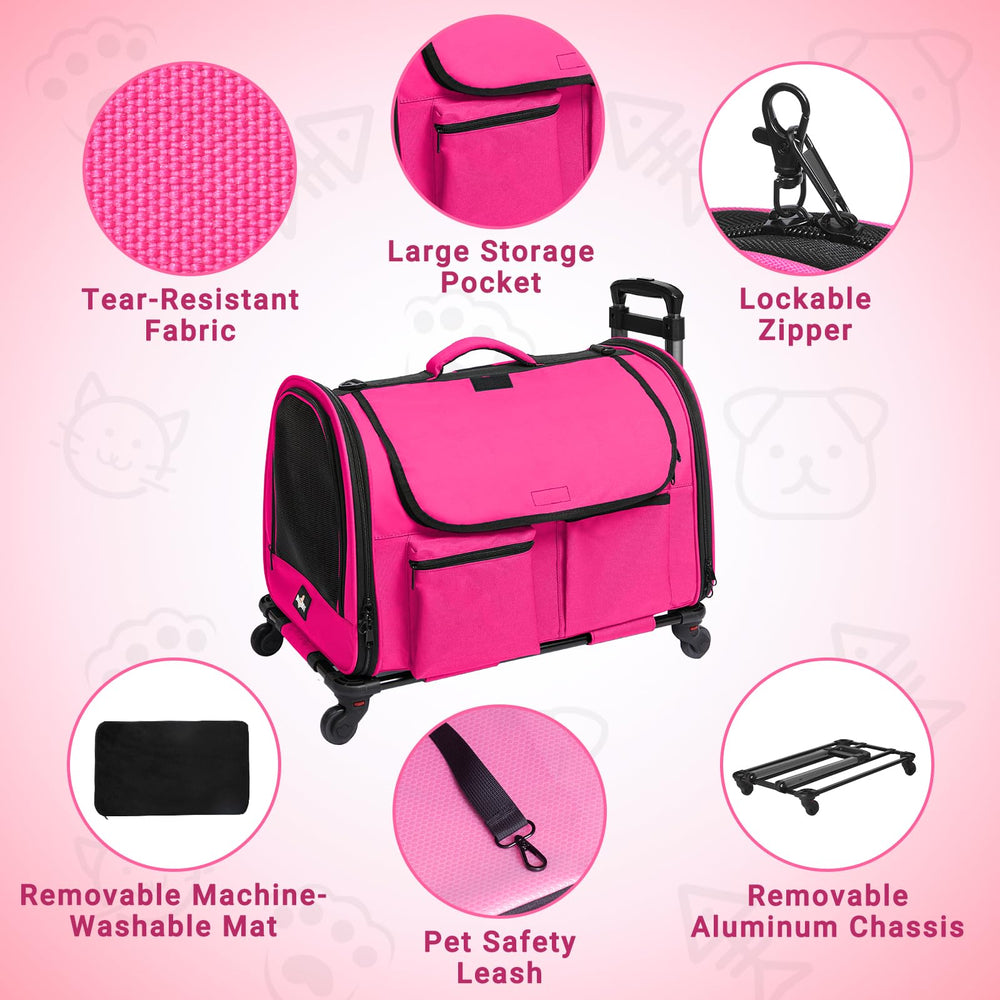 PAW BALLET foldable rolling bag pink demonstrates portable design with accessible pockets.