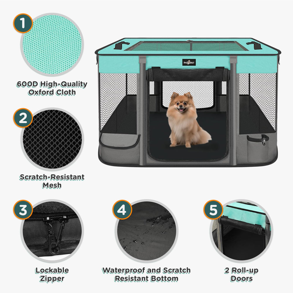 PAW BALLET playpen doors rolled open for easy pet access.
