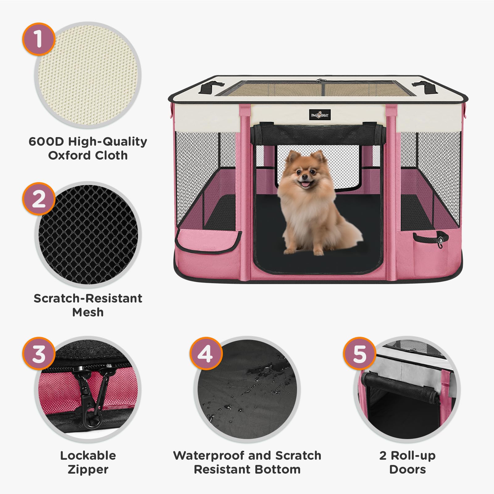 PAW BALLET playpen with retractable top providing shade during outdoor sessions.