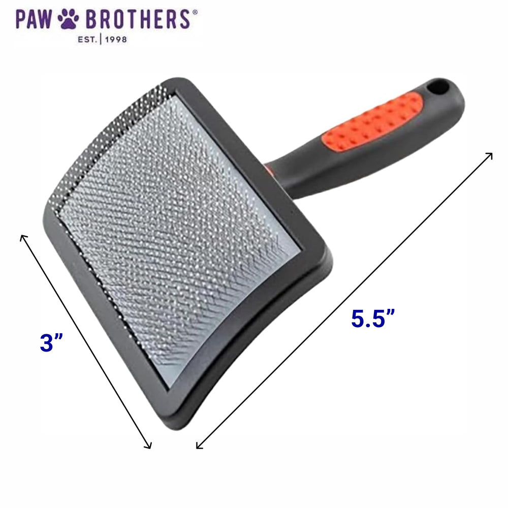 Ryan's Pet Supplies Paw Brothers curved slicker brush ergonomic handle enhances comfortable grooming.