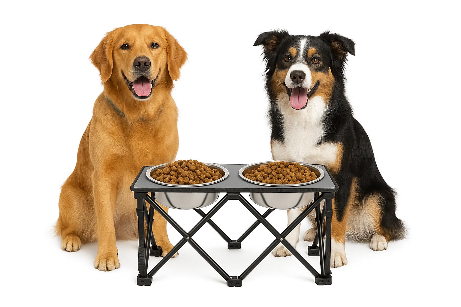 Paw-er Play foldable stand with bowls for camping, easy storage and mess-free meals.