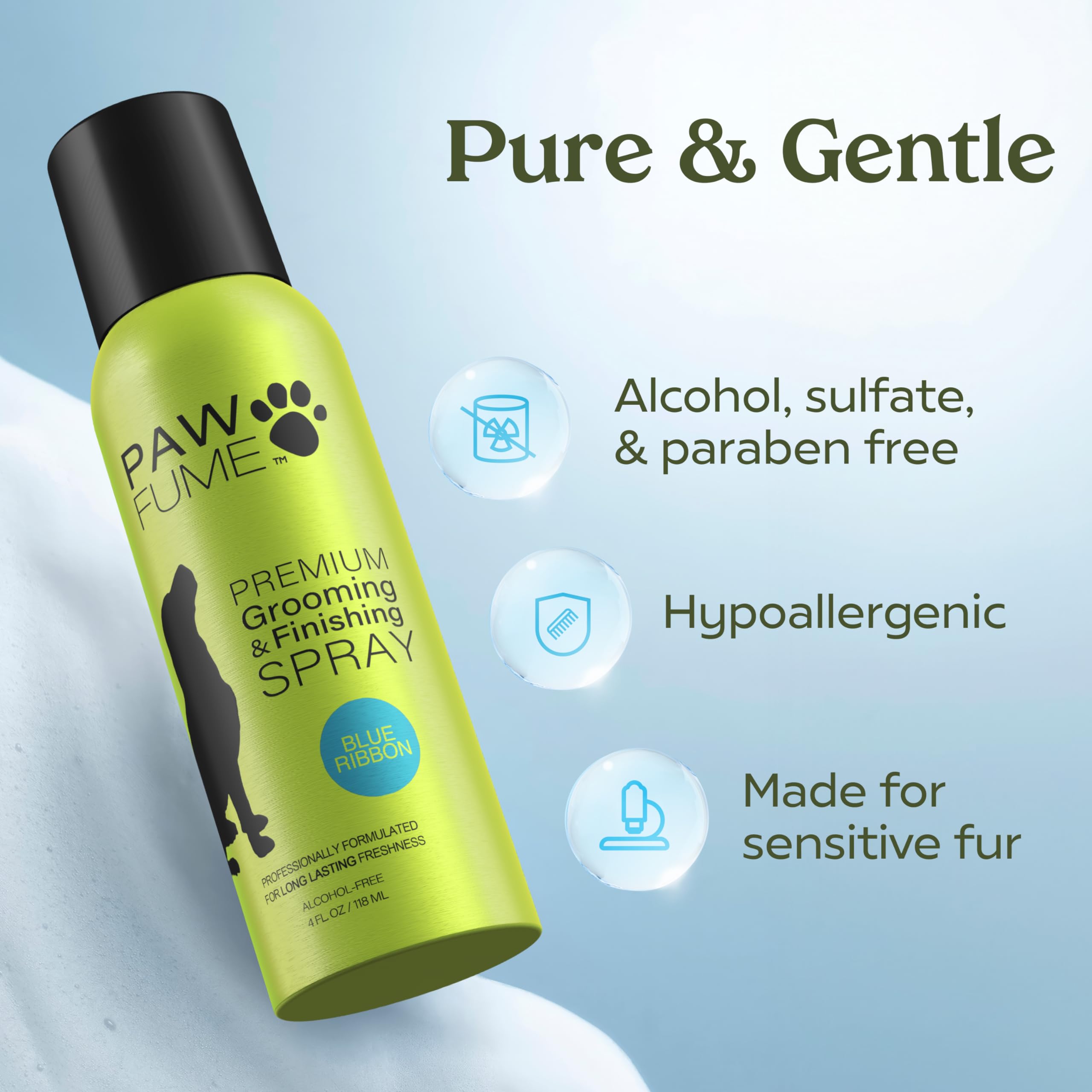 PAWFUME Blue Ribbon etiqueta detalle: diseño de botella con marca y fórmula suave.