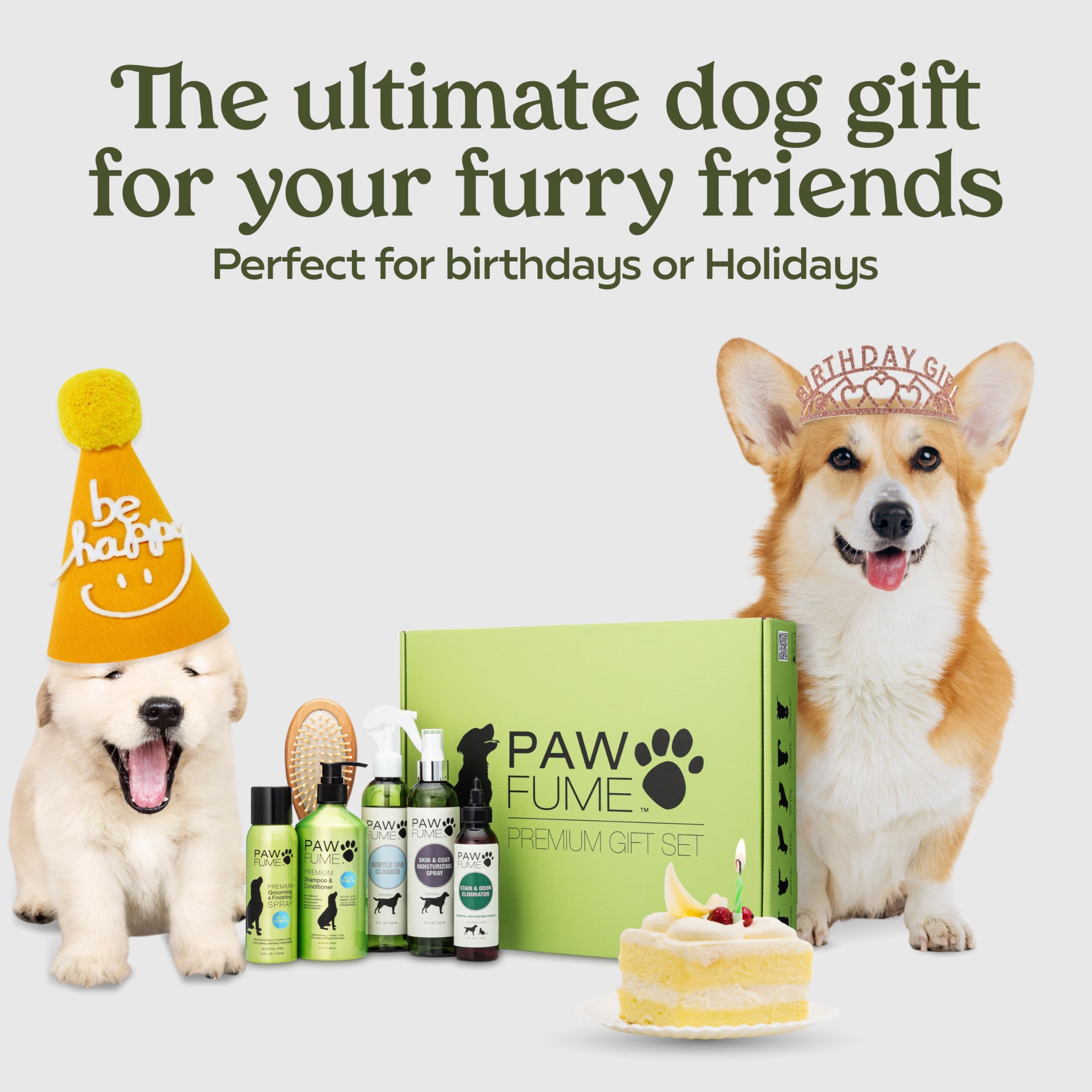 Paw Fume hypoallergenic grooming mist highlights sensitive-skin friendly formula for itch-free coats.
