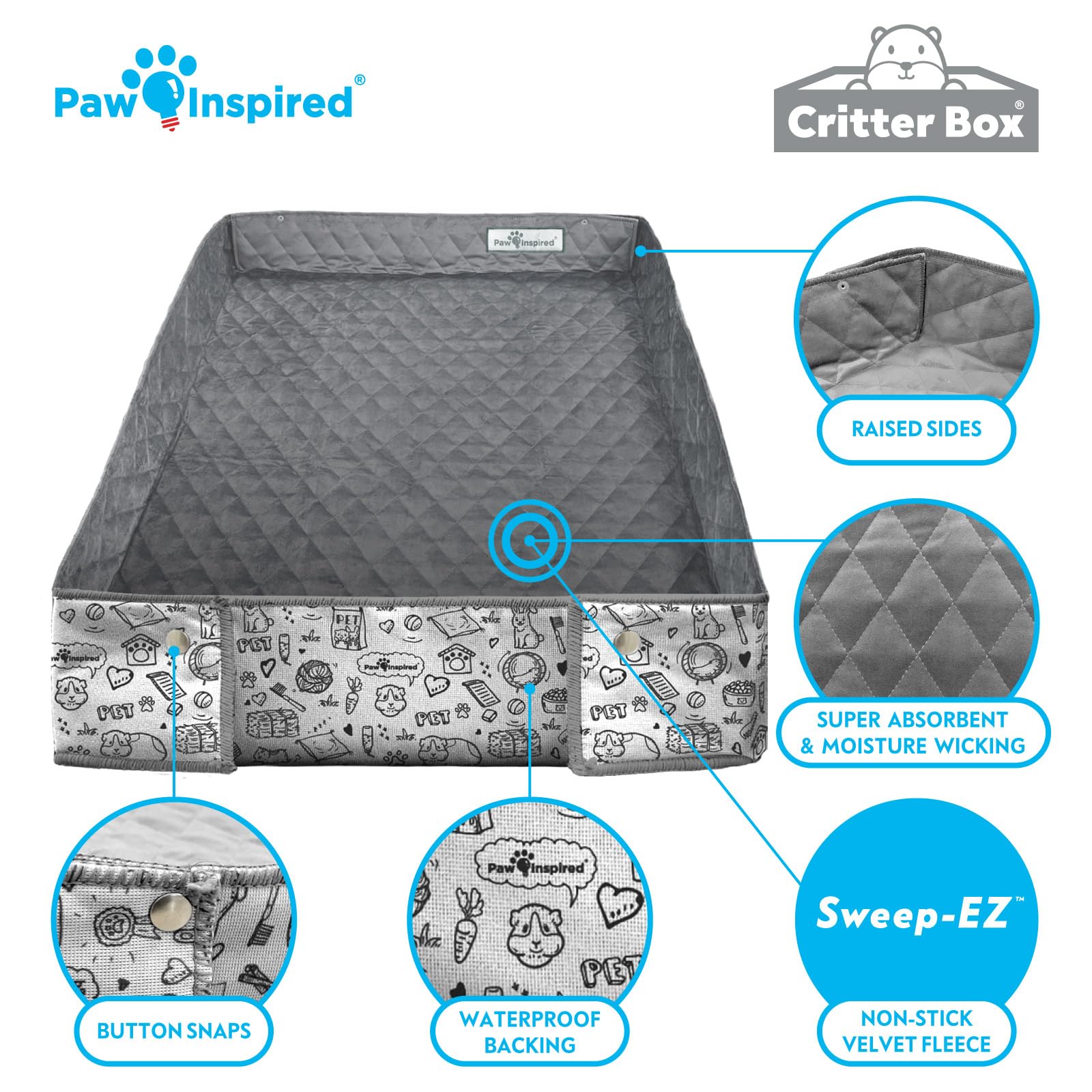 Paw Inspired Critter Box washable liner makes quick cleanups easy.