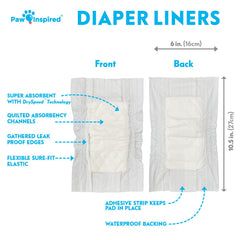 Paw Inspired dog diaper liners inside washable diaper closeup shows leak protection for daily wear.