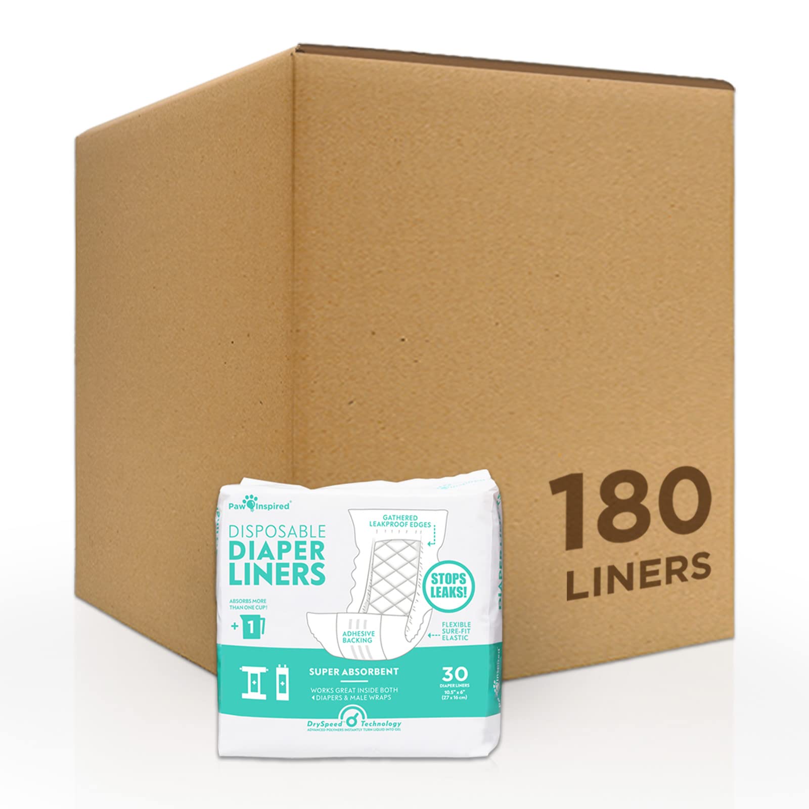 Paw Inspired dog diaper liners pack front view demonstrates convenient, ready-to-use absorbent inserts.