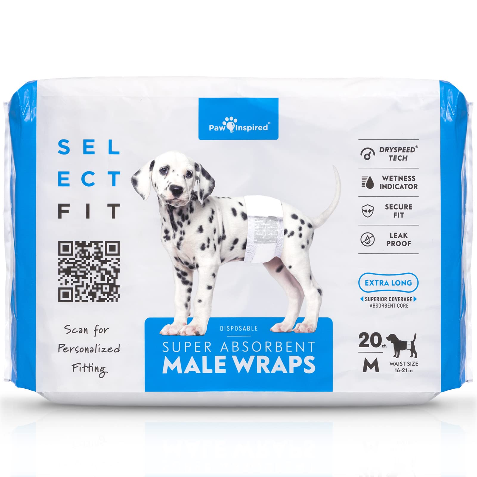 Paw Inspired Select Fit male wraps packaging highlights leak protection and size options.