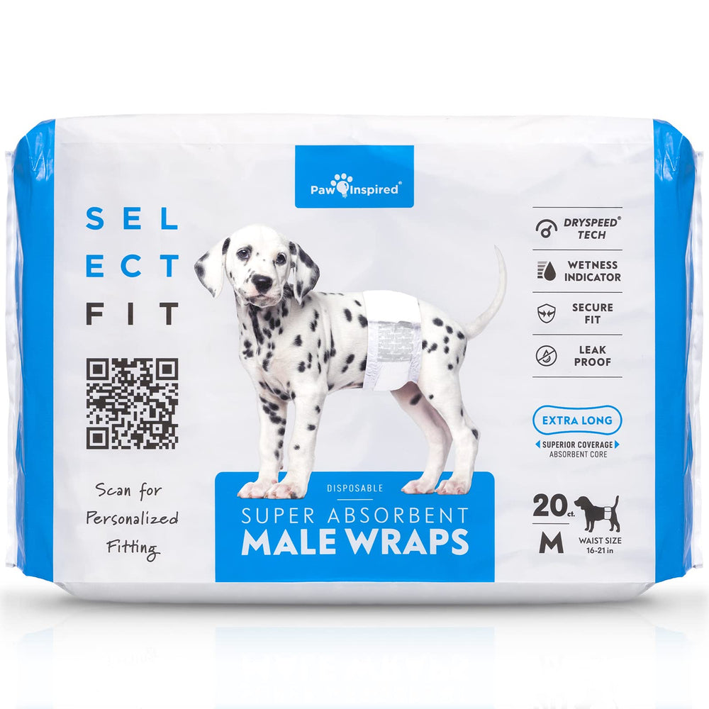 Paw Inspired Select Fit male wraps packaging highlights leak protection and size options.