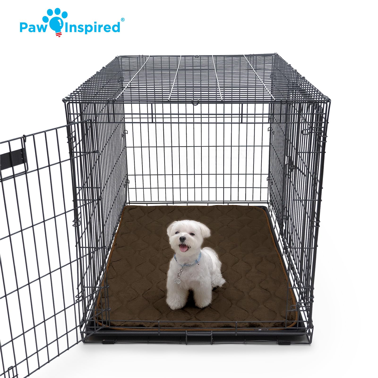 Paw Inspired tan crate mat protects floors with waterproof backing.
