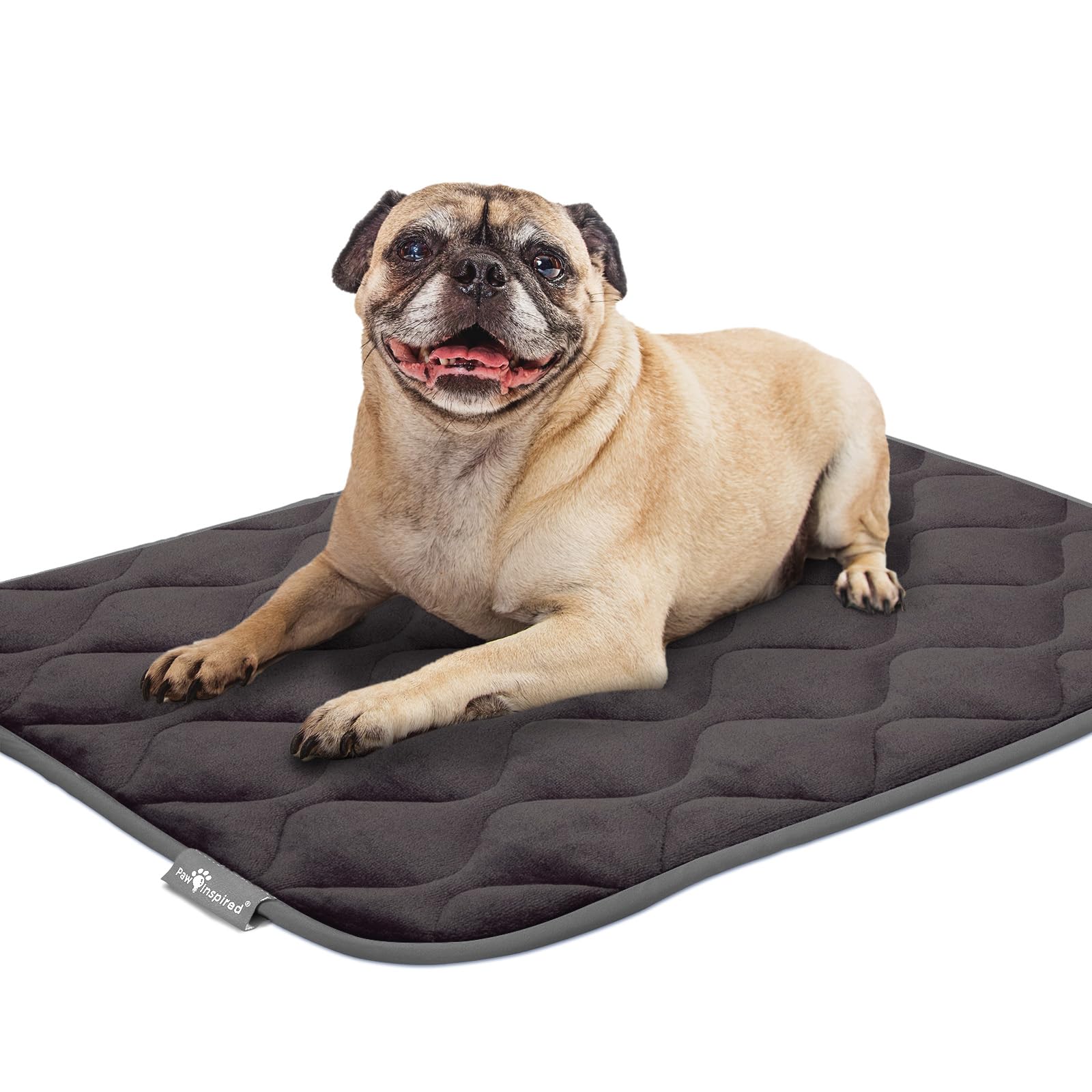 Paw Inspired crate mat gray with dog resting emphasizes cozy nap moments