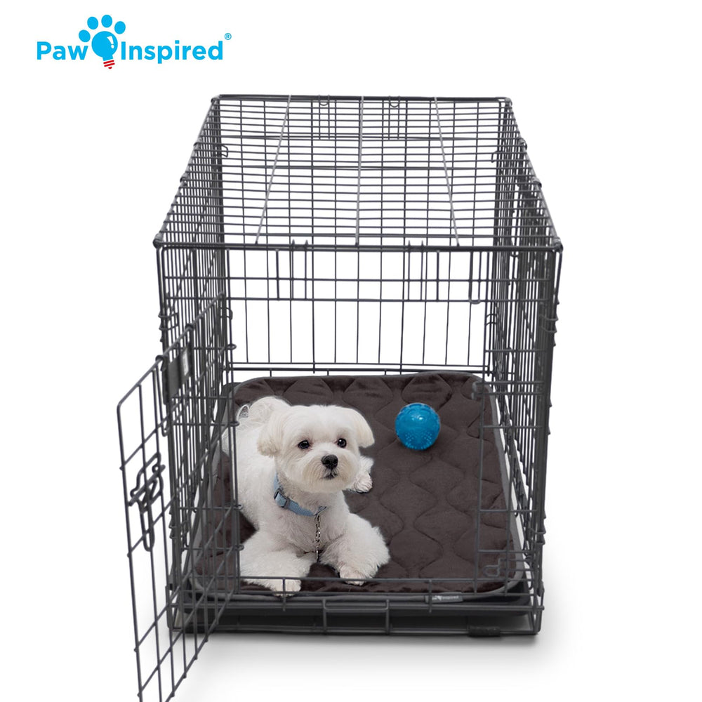 Paw Inspired crate mat gray rolled for storage and easy cleaning