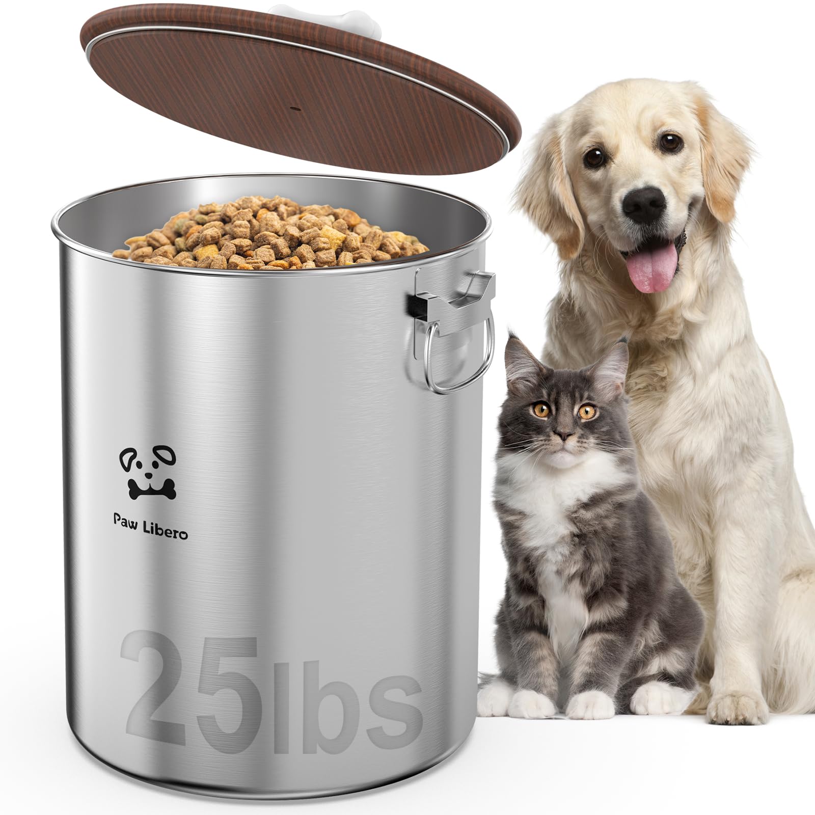 Paw Libero 25lbs stainless steel dog food container on counter for bulk storage.