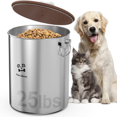 Paw Libero 25lbs stainless steel dog food container on counter for bulk storage.