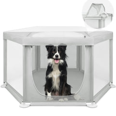 Paw Libero hexagonal playpen floor view showing expansive indoor space for pets