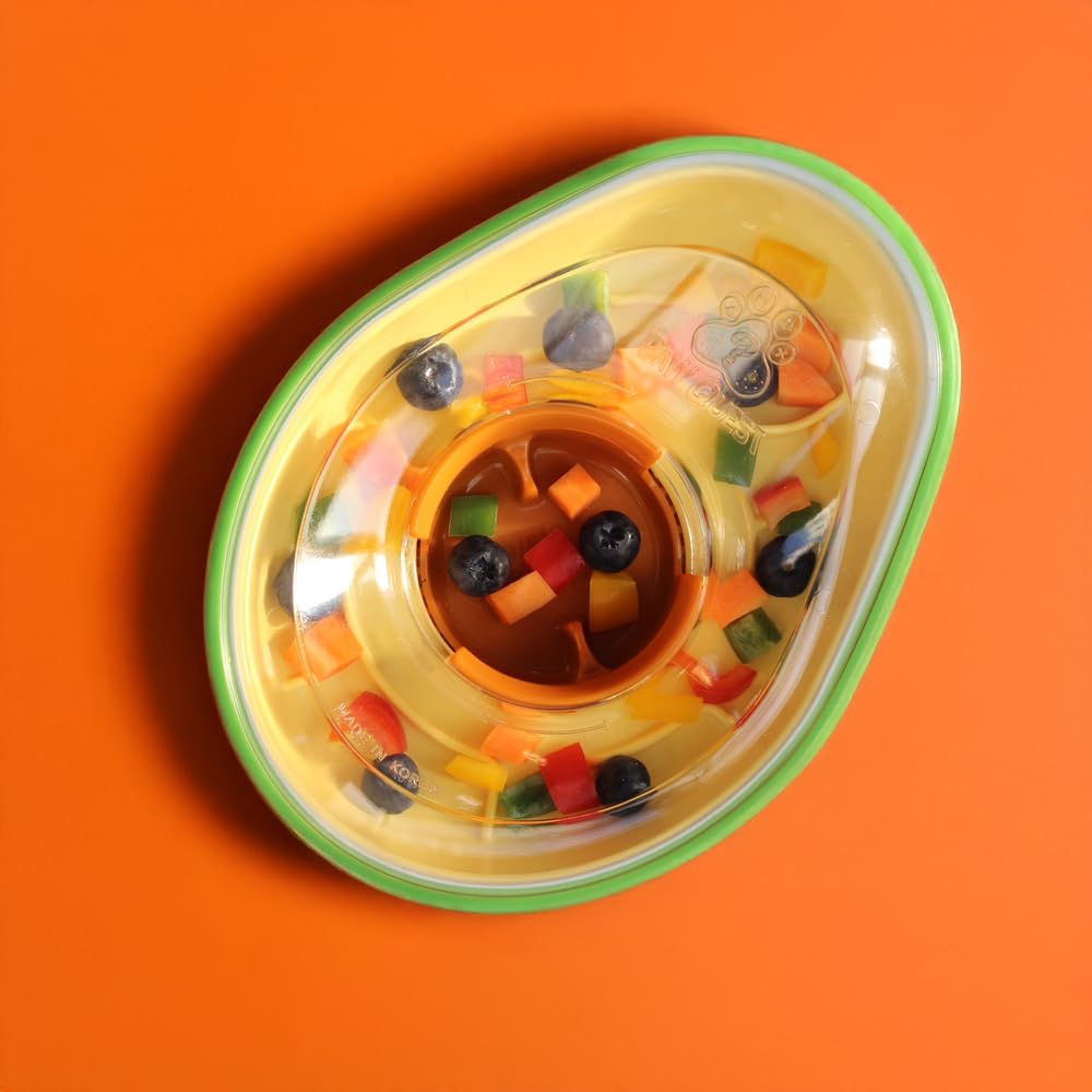 PAW QUEST Avocado dog enjoying mealtime with extended play and mental stimulation