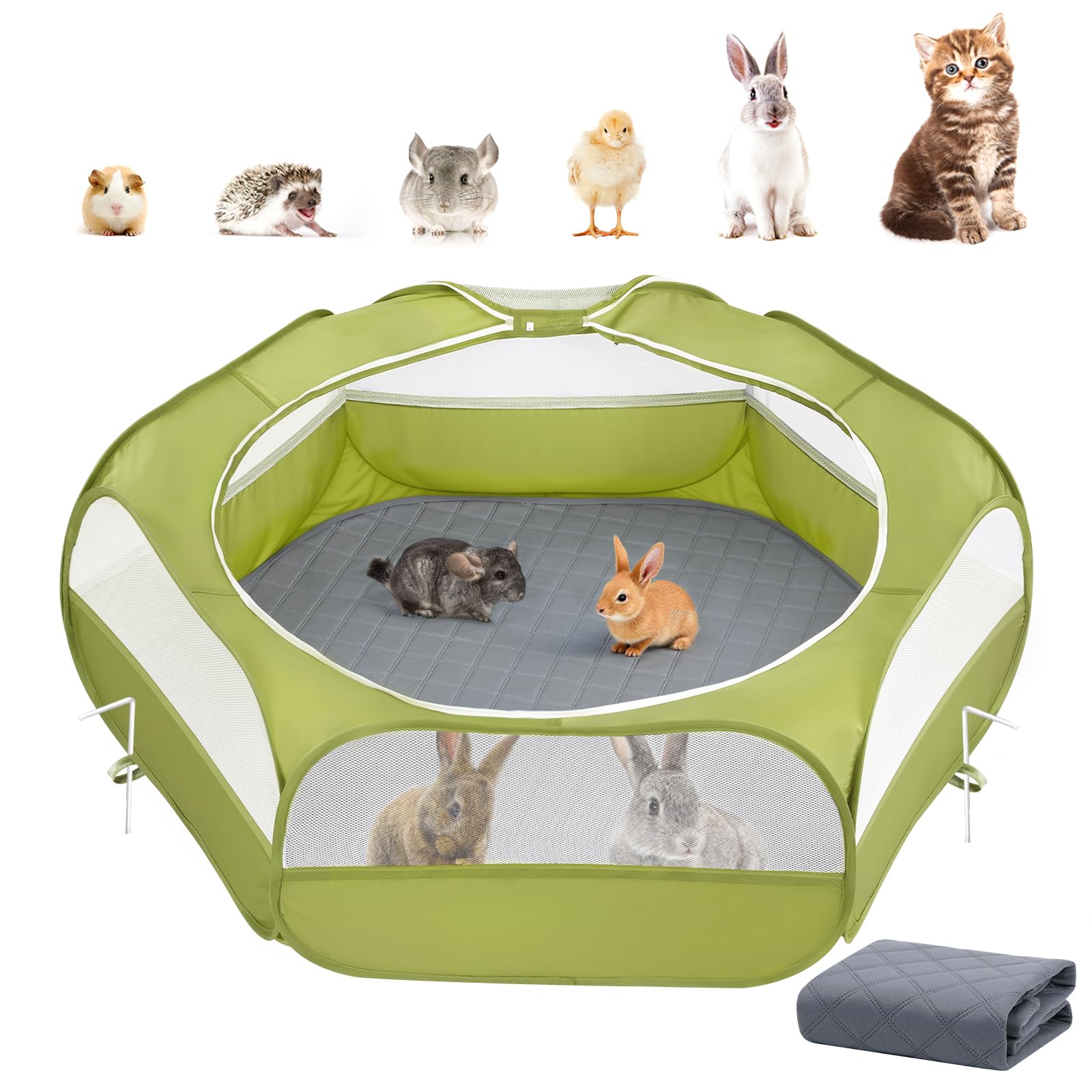 Pawaboo 2-in-1 playpen green closed shows secure, chew-resistant containment for small pets.