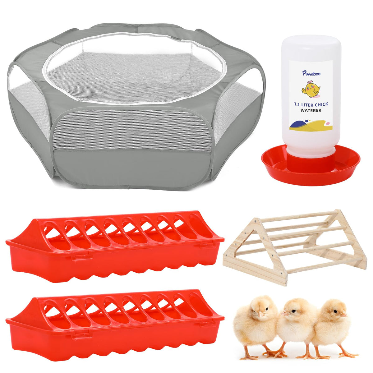 Pawaboo 5-in-1 chick feeder kit with integrated feeder and waterer for easy chick care
